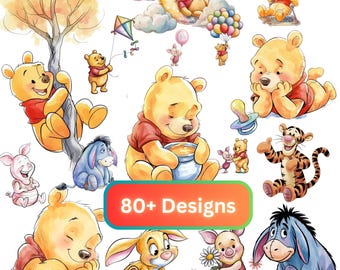 80+ PNG Winnie the Pooh PNG Bundle Clipart For Family Member Transparent PNG For Infant Girl Boy Baby Shower Birthday Sublimation Design Kid