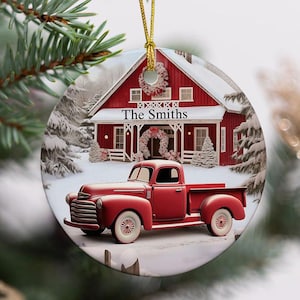Red Barn Red Truck Christmas, House Personalized Ceramic Ornament, Truck Family Ornament, Gift For Family, Christmas Gift