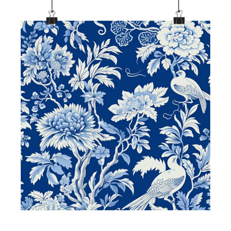 Chinoiserie Floral Design With Birds Blue and White Digital Wall Art ...