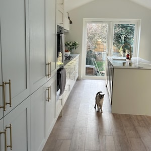 May include: A white kitchen with light wood floors, white cabinets, and a cat standing in the middle of the room. The kitchen has a large window with a view of a backyard.