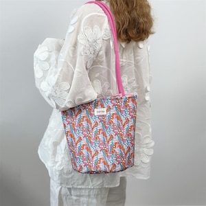 Floral Bucket Bag – Liberty-Inspired Print with Pink Straps, Structured Handmade Shoulder Purse, Colorful Lightweight Tote- wylde
