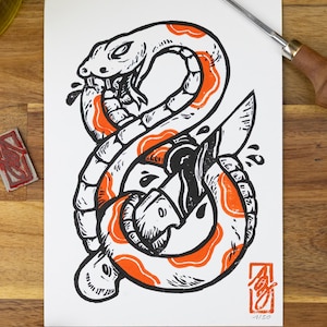 Linocut print « Ouroboros, snake and knife » original and handmade art print, limited edition signed and numbered of the serpent of life