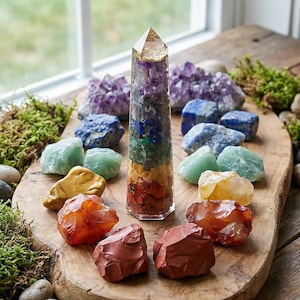 Könnte beinhalten: Eine Anordnung verschiedener Kristalle und Edelsteine auf einer Holzoberfläche. Ein hoher, klarer Kristallturm mit farbigen Schichten steht im Zentrum, umgeben von Amethyst, Lapislazuli und anderen Steinen in Rot-, Orange-, Gelb-, Grün- und Blautönen.