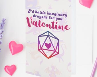 Tarjeta de San Valentín con temática de DnD RPG "Lucharía contra dragones imaginarios por ti"
