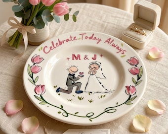 Gepersonaliseerde handgeschilderde trouwbord- en ringschotelset, op maat gemaakt keramisch aandenken cadeau voor stel, verloving of huwelijksverjaardag