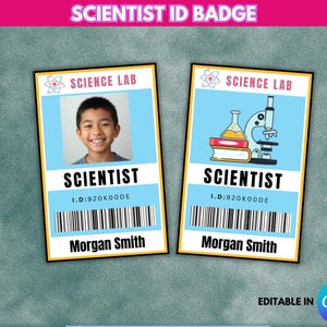 May include: Two scientist ID badges with a light blue background and a yellow border. One badge features a photo of a smiling child, the other a microscope and lab equipment. Both say "SCIENCE LAB" and "SCIENTIST".