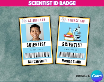 May include: Two scientist ID badges with a light blue background and a yellow border. One badge features a photo of a smiling child, the other a microscope and lab equipment. Both say "SCIENCE LAB" and "SCIENTIST".