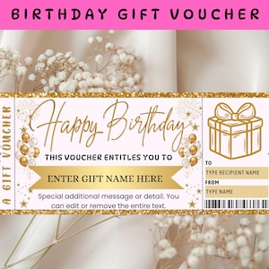 Op de afbeelding: Een verjaardagscadeaubon met een gouden glitterrand en een roze koptekst met de tekst "BIRTHDAY GIFT VOUCHER". De bon zegt "Happy Birthday" en heeft ruimte om een cadeau naam, ontvanger en afzender in te voeren.