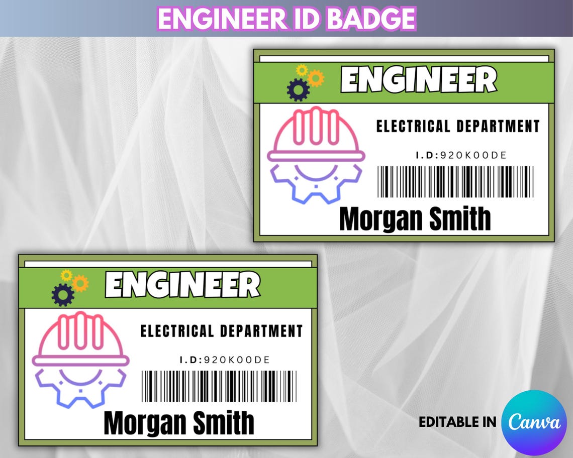 Engineer Name Script Editable Engineer ID Badge Template, Printable Name Tag, Custom Work ID ...
