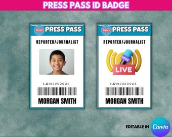 Plantilla de credencial de prensa editable, etiqueta de periodista imprimible, tarjeta de reportero, accesorio de cosplay DIY, descarga de identificación para personal de medios