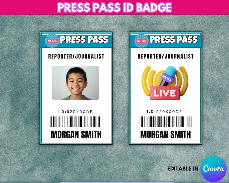 Editable Press Pass ID Badge Template, Printable Journalist Name Tag ...