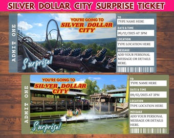 Boleto de regalo sorpresa de Silver Dollar City. Boleto editable de Silver Dollar City: Revelación de viaje sorpresa (descarga digital).