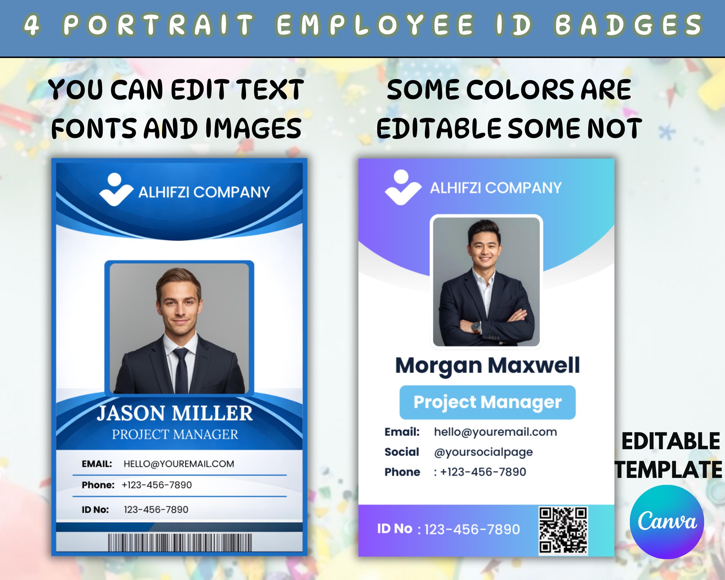 4 Portrait Employee ID Badges Template, Editable Teacher ID Card ...