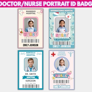 May include: Four portrait ID badges for doctors and nurses. Each badge features a photo, name, and hospital affiliation. The badges have colorful designs with medical symbols and the text "NURSE" or "DOCTOR".
