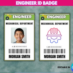 May include: Two engineer ID badges. One features a photo of a smiling person, the other a hard hat and gear icon. Both have "ENGINEER," "MECHANICAL DEPARTMENT," and "MORGAN SMITH" printed on them. The text "EDITABLE IN Canva" is also visible.