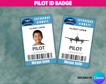 Editable Pilot License Template, Printable Airplane Birthday Party Favor, Aviator ID Badge Digital Download for Canva
