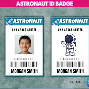 May include: Two astronaut ID badges with a blue and white design. One badge features a photo of a smiling child, the other an astronaut cartoon. Both include the text "ASTRONAUT", "ANB SPACE CENTER", and "MORGAN SMITH".