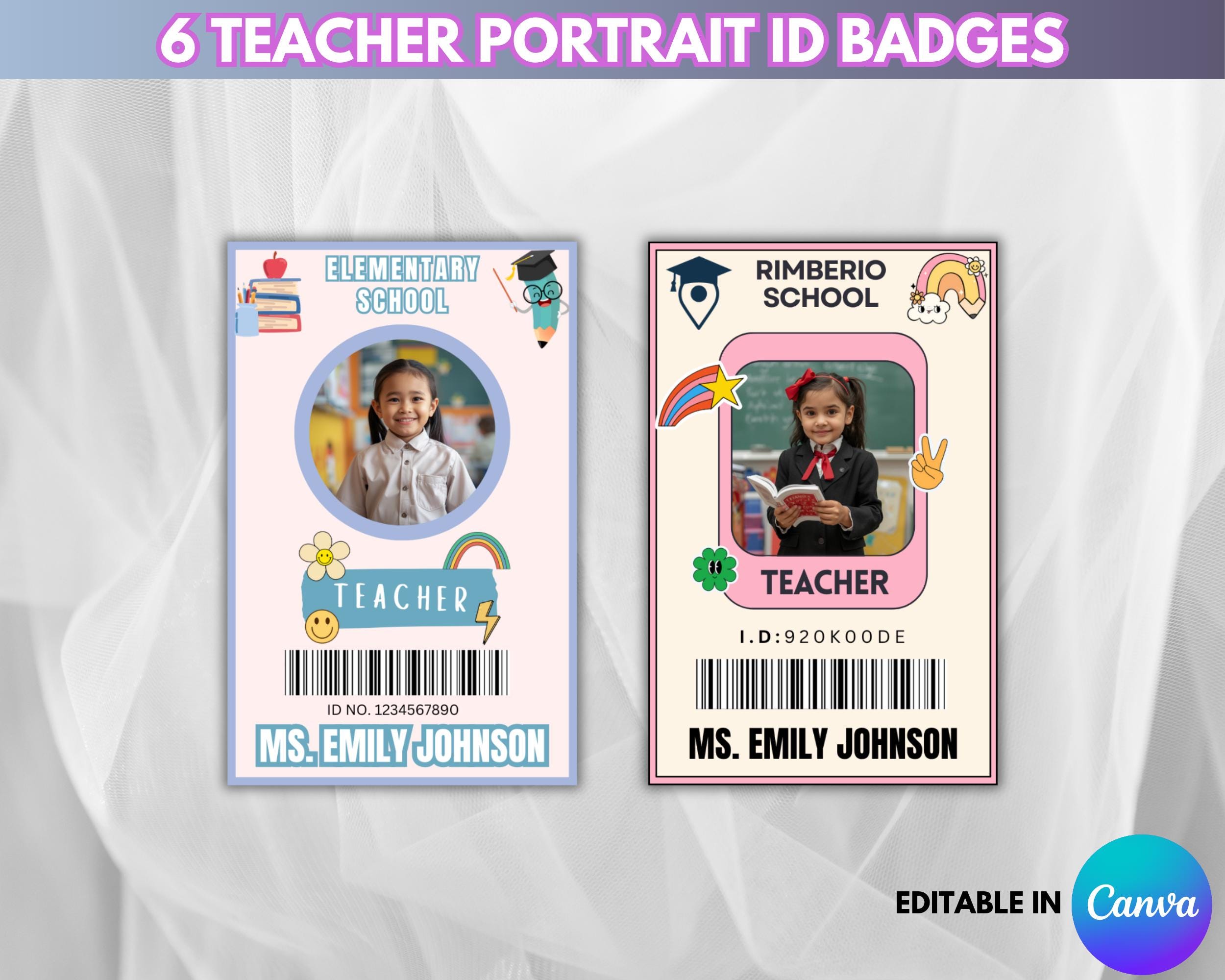 6 Teacher Portrait ID Badges | Editable ID Card Template | Canva Custom