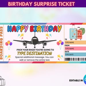 Può includere: Un biglietto a sorpresa di compleanno colorato con la scritta "HAPPY BIRTHDAY" e un aereo. Il biglietto include spazio per aggiungere una destinazione, un nome e una data. Il design presenta palloncini, stelle e illustrazioni di bagagli.