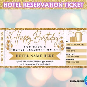 May include: A gold and white hotel reservation ticket with the text "Happy Birthday" and "Hotel Reservation". The ticket includes fields for recipient name, hotel name, date, and location. The ticket has a gold glitter border.
