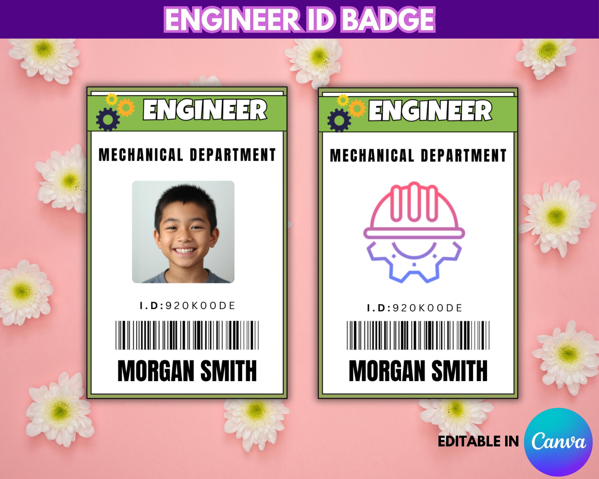 Editable Engineer ID Badge Template, Printable Name Tag, Custom Work ID ...