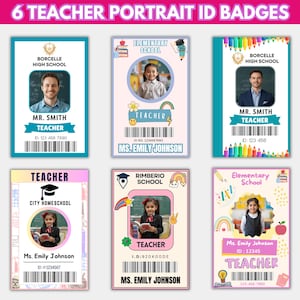 以下が含まれることがあります： 写真、名前、学校名が記載された、教師の肖像IDバッジ6枚。バッジには、カラフルなボーダー、学校のロゴ、バーコード識別子など、さまざまなデザインが施されています。「教師」と学校名がテキストに含まれています。
