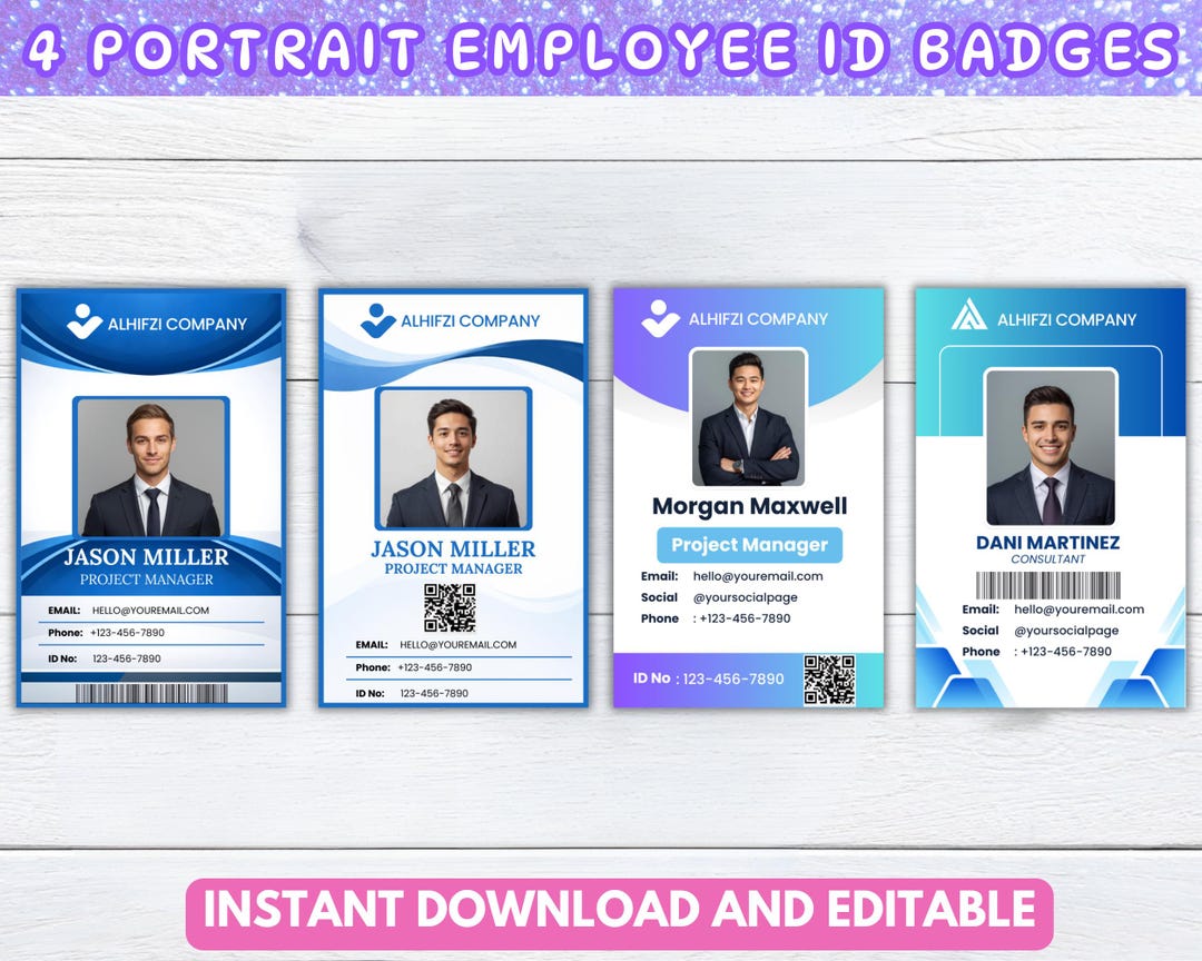 4 Portrait Employee ID Badges Template, Editable Teacher ID Card ...
