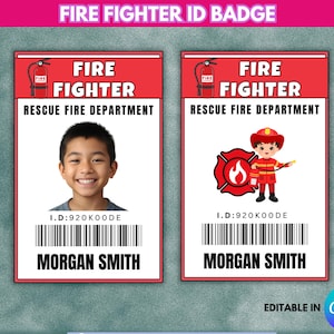 May include: Two red and white firefighter ID badges. One shows a photo of a smiling child, the other a cartoon firefighter. Both have the text "FIRE FIGHTER", "RESCUE FIRE DEPARTMENT", a barcode, and the name "MORGAN SMITH".