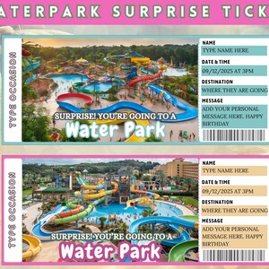 Może przedstawiać: Dwa bilety niespodzianki do parku wodnego z różowymi i turkusowymi obramowaniami. Każdy bilet zawiera obraz parku wodnego, tekst "SURPRISE! YOU'RE GOING TO A Water Park" oraz pola na imię, datę, godzinę, miejsce docelowe i wiadomość.