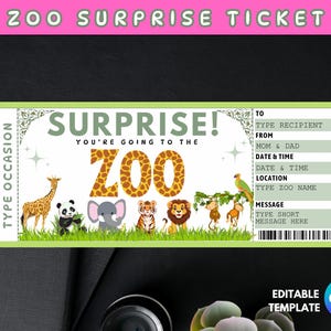 Op de afbeelding: Een groen en wit zoo verrassingsticket met de tekst "ZOO SURPRISE TICKET" bovenaan. Het ticket bevat cartoon dieren en de woorden "SURPRISE! You're going to the Zoo". Bevat velden voor ontvanger, datum, tijd en locatie.
