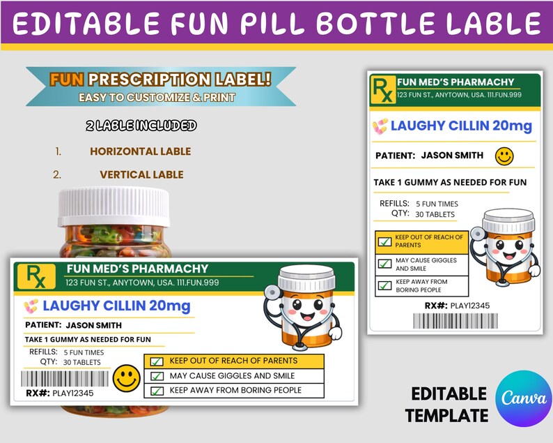 Fun Rx Label Editable Fun Pill Bottle Label Template | Funny Prescription Label ...