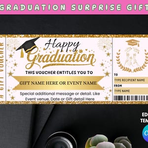May include: A graduation gift voucher with gold glitter borders and accents. The voucher includes the text "Happy Graduation" and fields for recipient and gift details. The design features a graduation cap and fireworks.