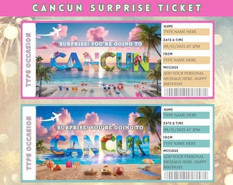 Cancun Surprise Trip Ticket: Editable Vacation Reveal (Digital Download), Cancun Boarding Pass, Cancun Vacation Gift ticket, Editable Ticket