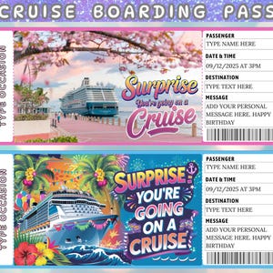 Plantilla de boleto de crucero editable, plantilla de tarjeta de embarque de crucero imprimible rosa, sorpresa de crucero personalizada, boleto de vacaciones de crucero DIY,