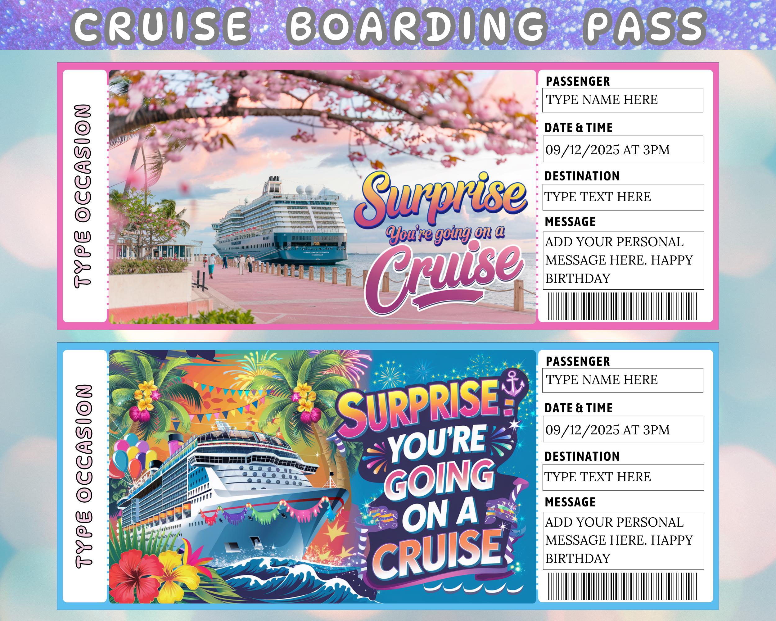 Editable Cruise Ticket Template, Printable Cruise Boarding Pass template pink, Personalized Cruise Surprise, DIY Cruise Vacation Ticket,