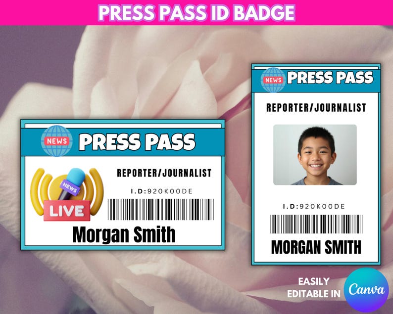 Reporter Id Card Editable Press Pass ID Badge Template, Printable Journalist Name Tag ...