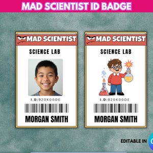 May include: Two "Mad Scientist" ID badges. One features a photo of a smiling child, the other a cartoon scientist with lab equipment. Both have "Science Lab" text, a barcode, and "MORGAN SMITH" at the bottom.