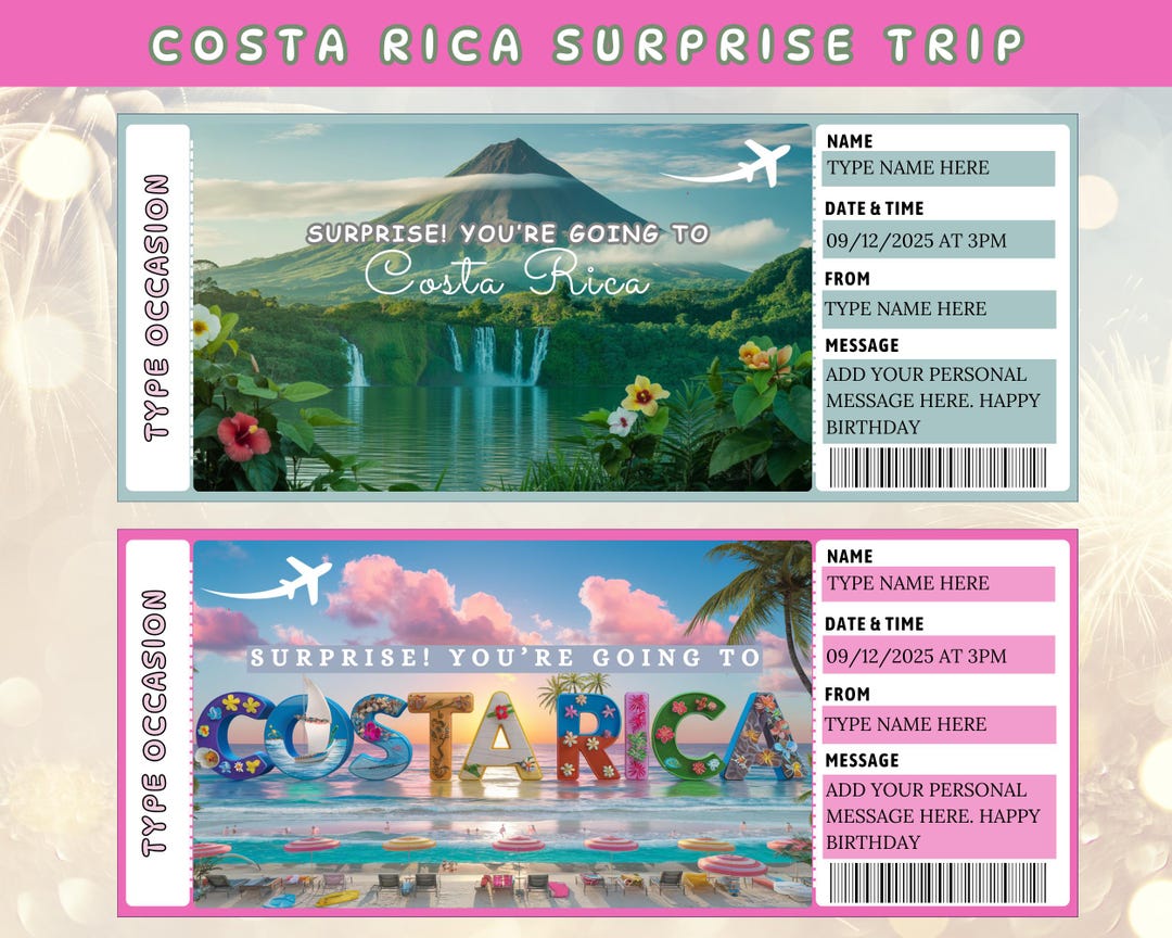 Tk Rica Printable Costa Rica Surprise Trip Gift Ticket Boarding Pass (digital ...