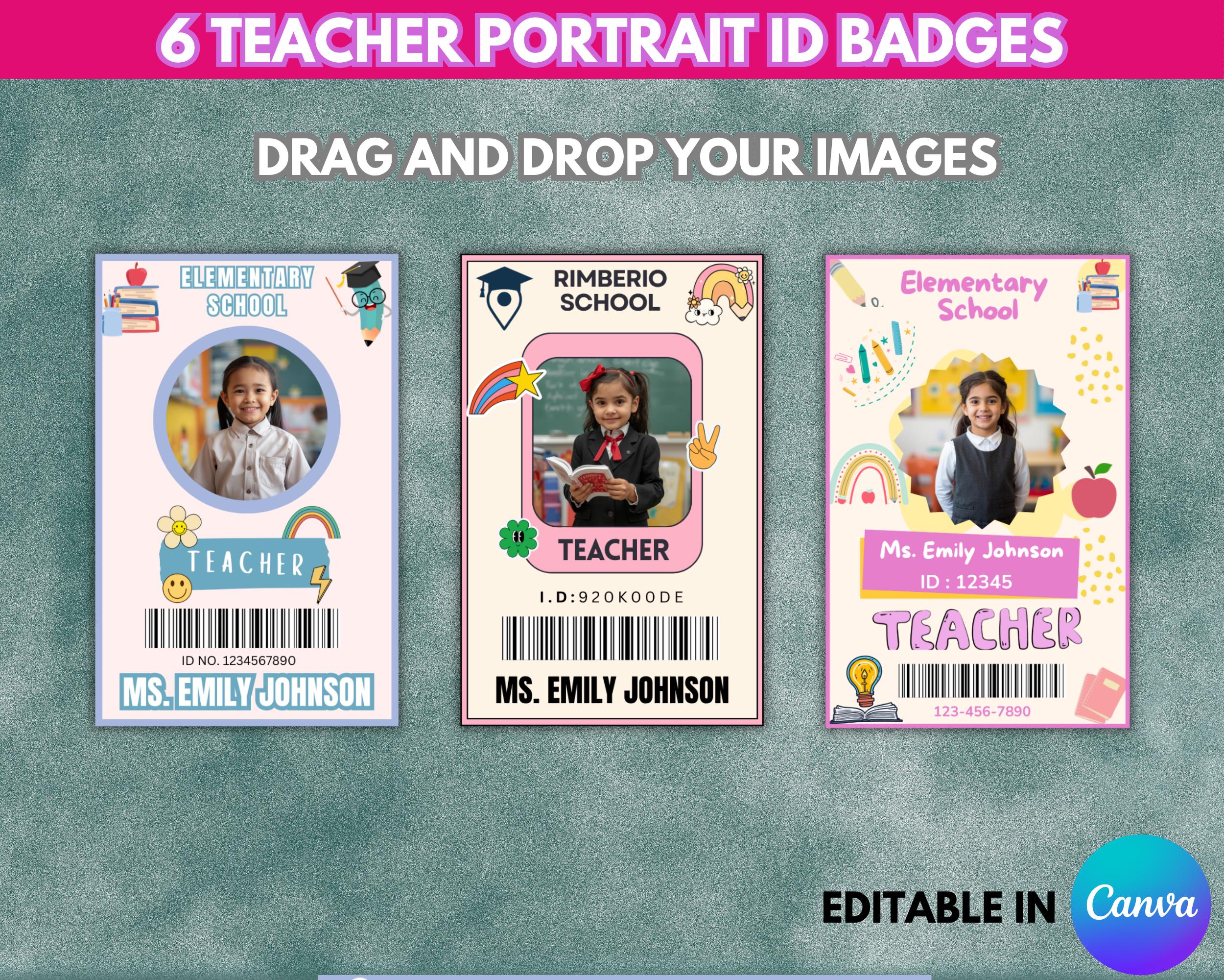 6 Teacher Portrait ID Badges | Editable ID Card Template | Canva Custom