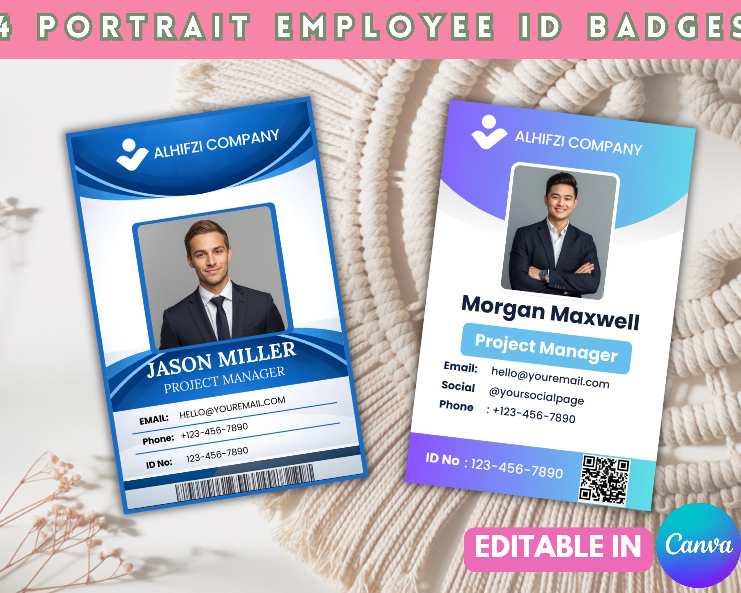 Staff Badges Examples 4 Portrait Employee ID Badges Template, Editable Teacher ID Card ...