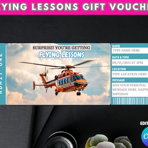 Peut inclure: Un bon cadeau pour des leçons de pilotage, avec un hélicoptère orange vif sur fond de ciel nuageux. Le bon comprend des champs pour le nom, la date, l'heure et le lieu du destinataire, avec le texte "Surprise ! Vous recevez des leçons de pilotage."