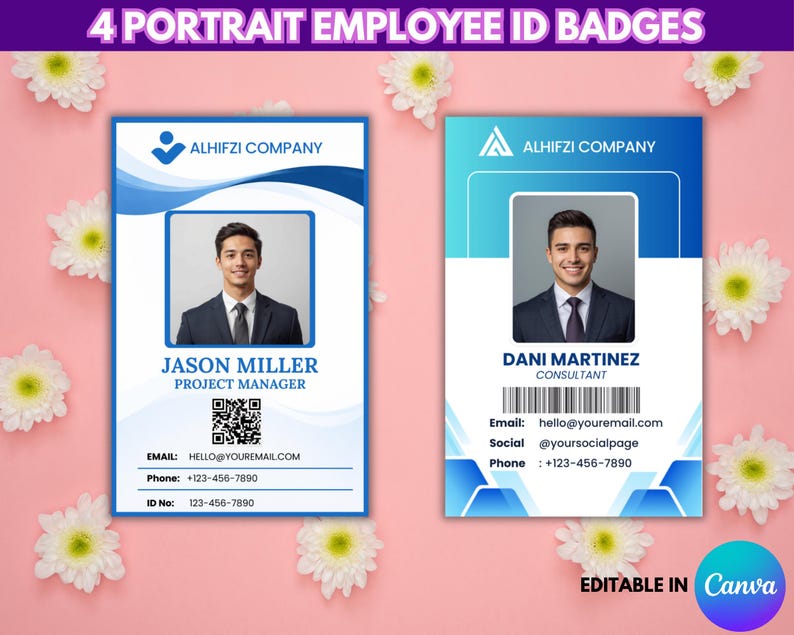 Staff Badges Examples 4 Portrait Employee ID Badges Template, Editable Teacher ID Card ...