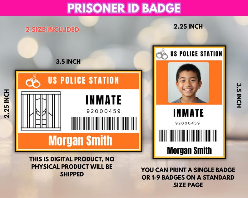 Prisoner Costume ID Badge Template, Halloween Inmate Costume Prop, Kids ...