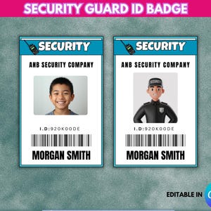 Puede incluir: Dos insignias de identificación de guardia de seguridad. Cada insignia tiene una sección superior azul con la palabra "SECURITY" y un gráfico de walkie-talkie. La insignia izquierda presenta una foto de una persona sonriente, y la insignia derecha muestra una caricatura de guardia de seguridad. Ambas insignias muestran "ANB SECURITY COMPANY" y "MORGAN SMITH".