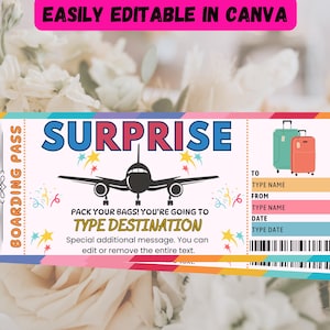 May include: A colorful boarding pass design with the word "SURPRISE" in large blue letters. The pass features an airplane graphic, luggage illustrations, and text fields for personalization. The text "EASILY EDITABLE IN CANVA" is at the top.