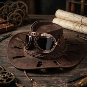 Op de afbeelding: Een bruine steampunk hoed met een bril eraan, op een houten oppervlak. De hoed heeft uitgesneden ontwerpen en een gevlochten band. De bril heeft een koperkleurig montuur en donkere glazen. Tandwielen en andere steampunk accessoires omringen de hoed.