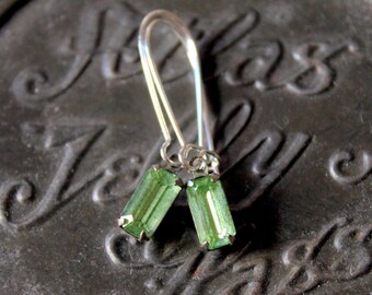 Vintage Green Peridot Glass Gem Earrings Vintage Luxe Collection Long Dangle Earrings Vintage Sparkle Special Occasion Ladies Jewelry