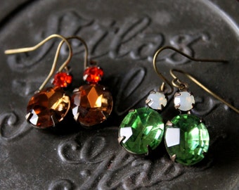 Vintage Oval Glass Gem & Rhinestone Earrings 2 Styles to Choose From Vintage Luxe Collection Topaz and Orange Green and Opal Ladies Jewelry