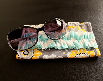 Ruffled Sunnies Case in Grey Yellow and Aqua Sunglasses Case Glasses Case Ladies Sunglasses Case Accessories Floral and Chevron Fabric