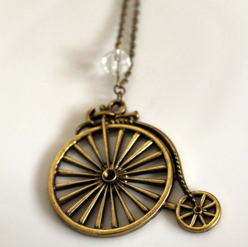 Vintage-Style Bicycle Pendant Necklace with Crystal Embellishment Bronze or Silver Steampunk Victorian Inspired Necklace Ladies Jewelry image 1